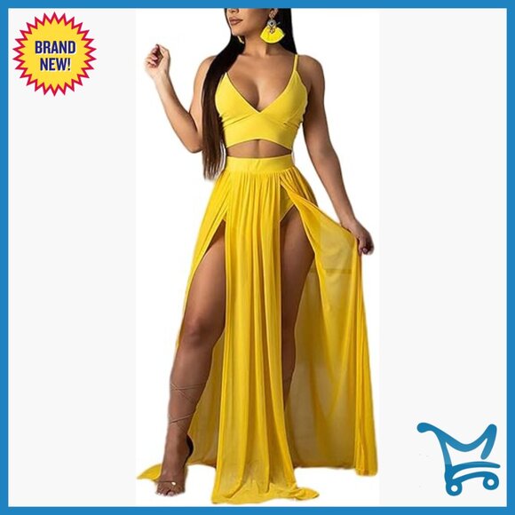Dresses & Skirts - Chiffon 2-Piece Maxi Dress Set Deep V Neck Backless Crop Top High Split